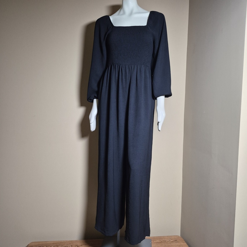 Black Smocked Square Neck Long Sleeve Wide Leg Jumpsuit Medium